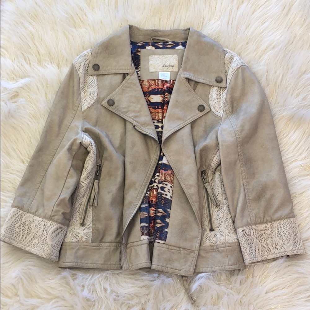 Cropped faux leather jacket with lace accents